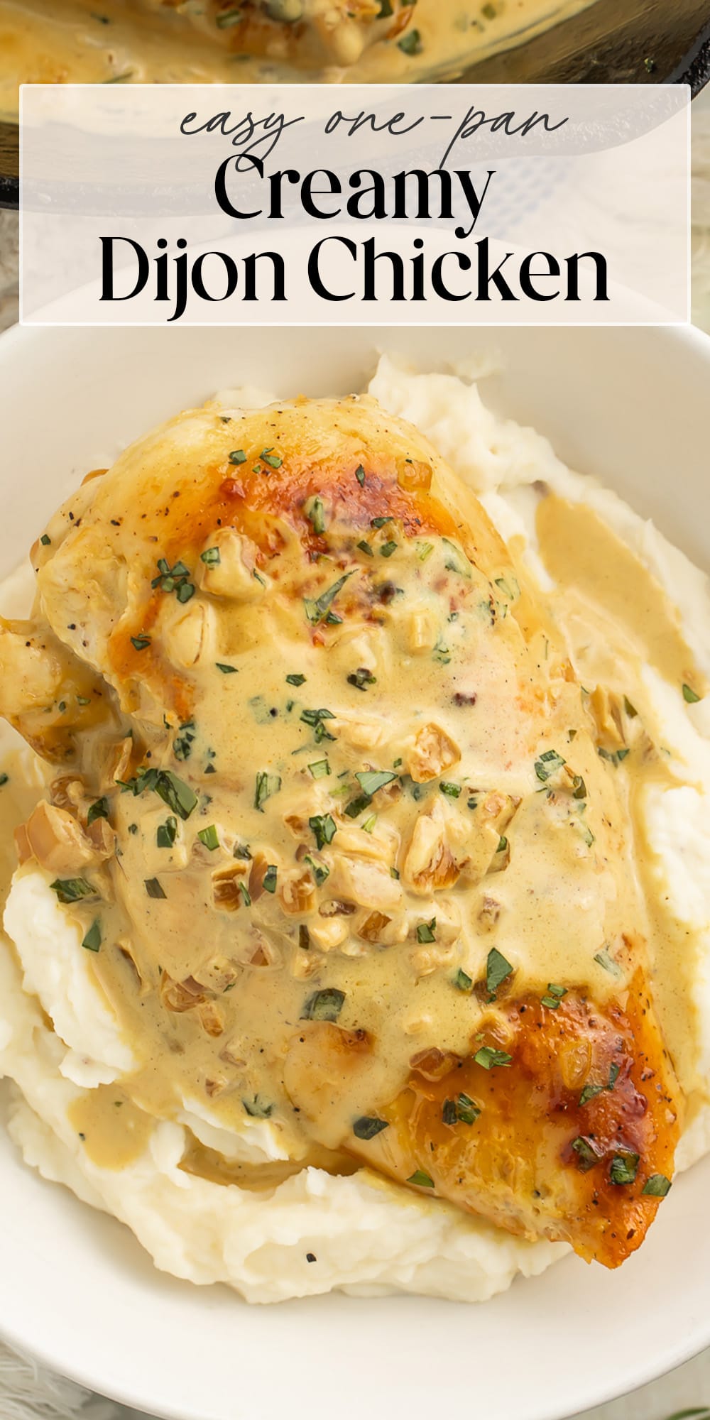 Pin graphic for creamy Dijon chicken.