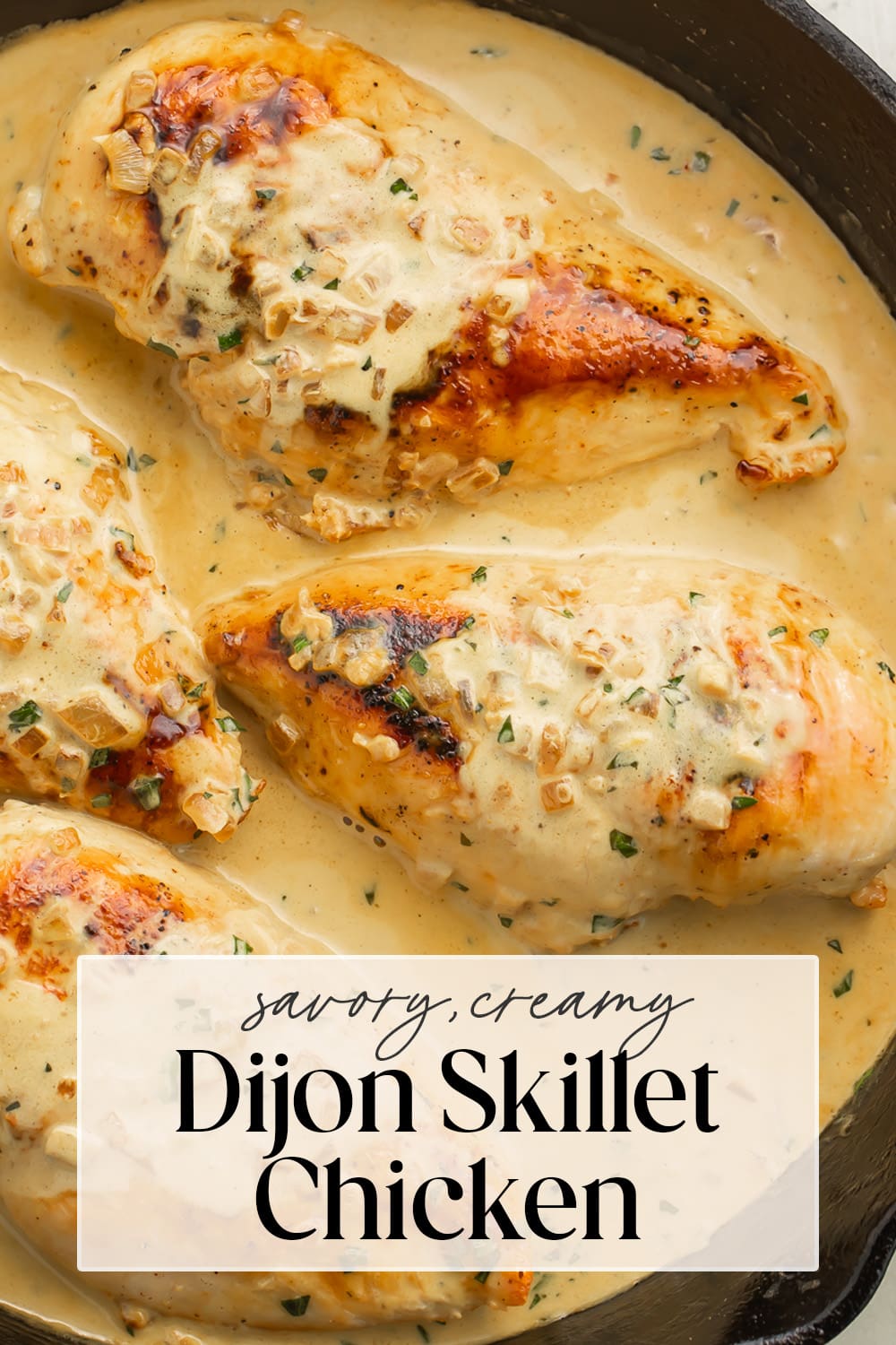 Pin graphic for creamy Dijon chicken.