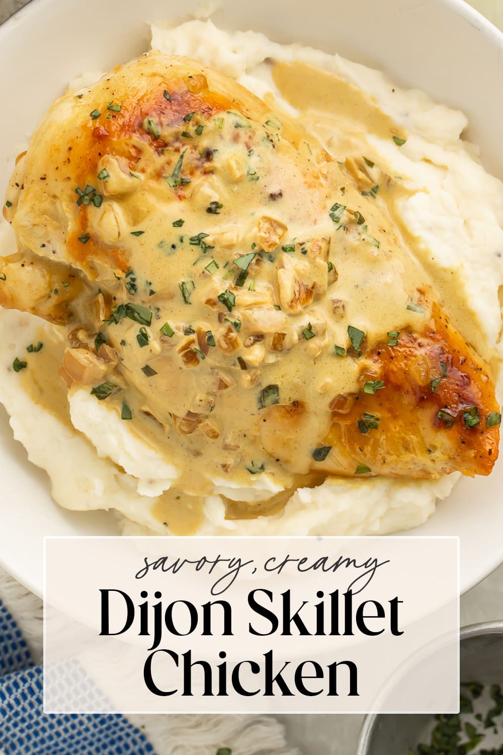 Pin graphic for creamy Dijon chicken.