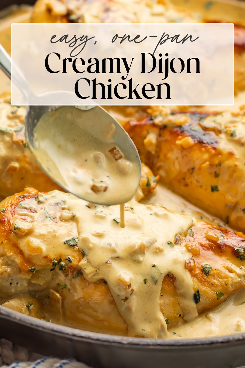 Pin graphic for creamy Dijon chicken.