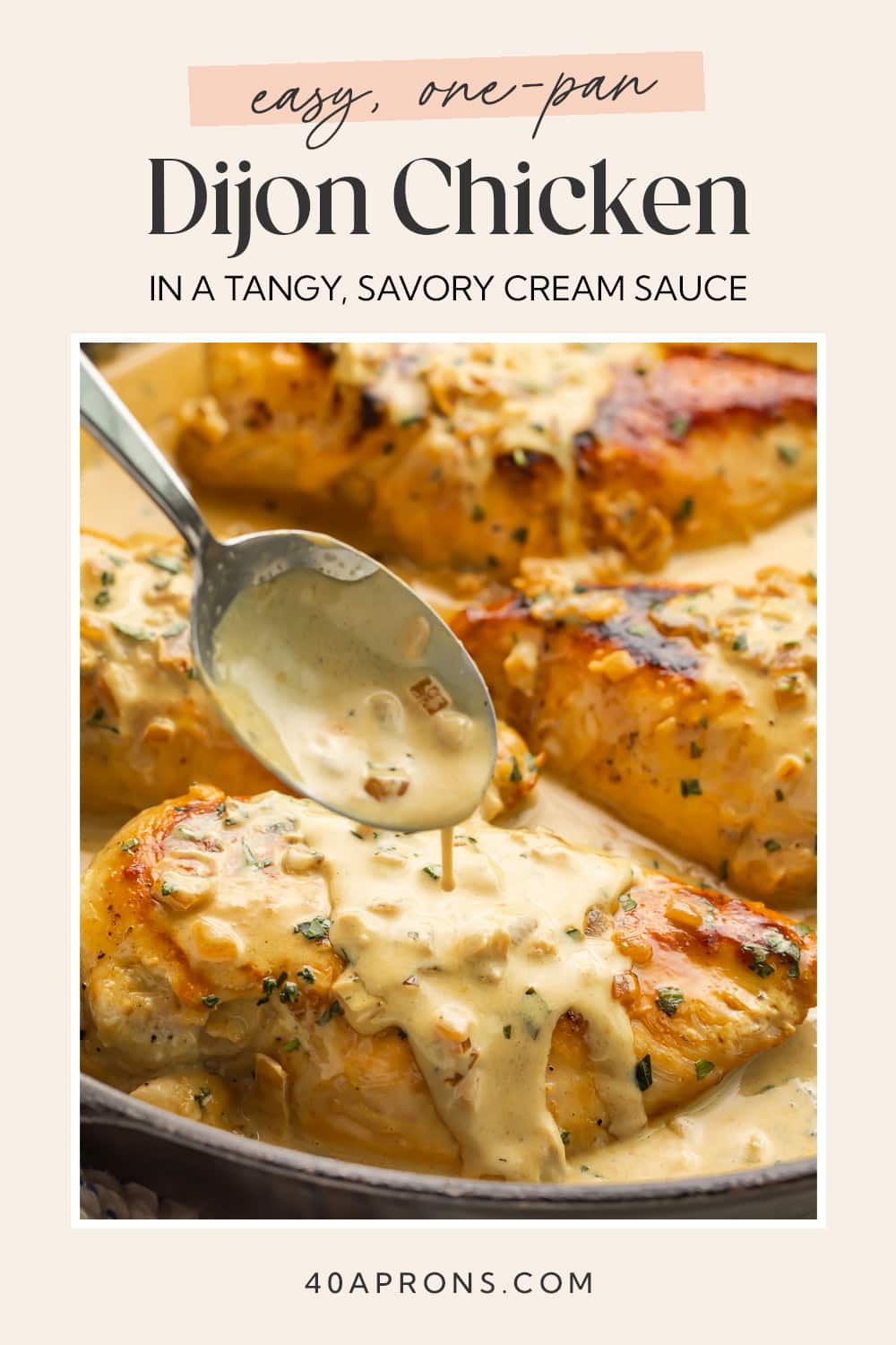 Pin graphic for creamy Dijon chicken.