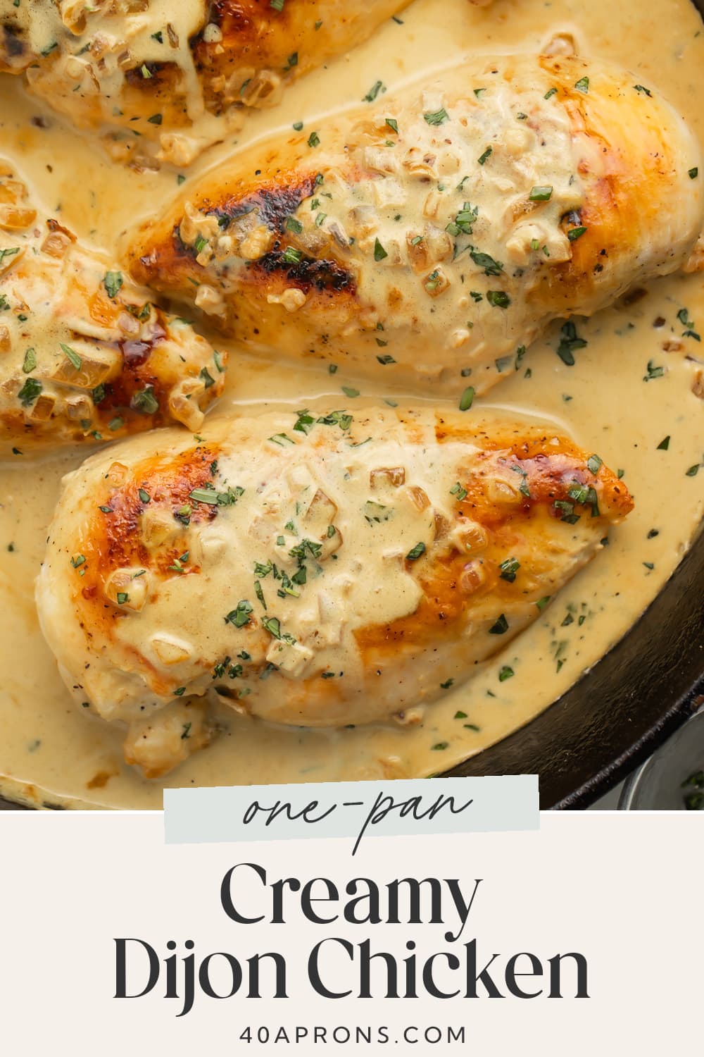 Pin graphic for creamy Dijon chicken.