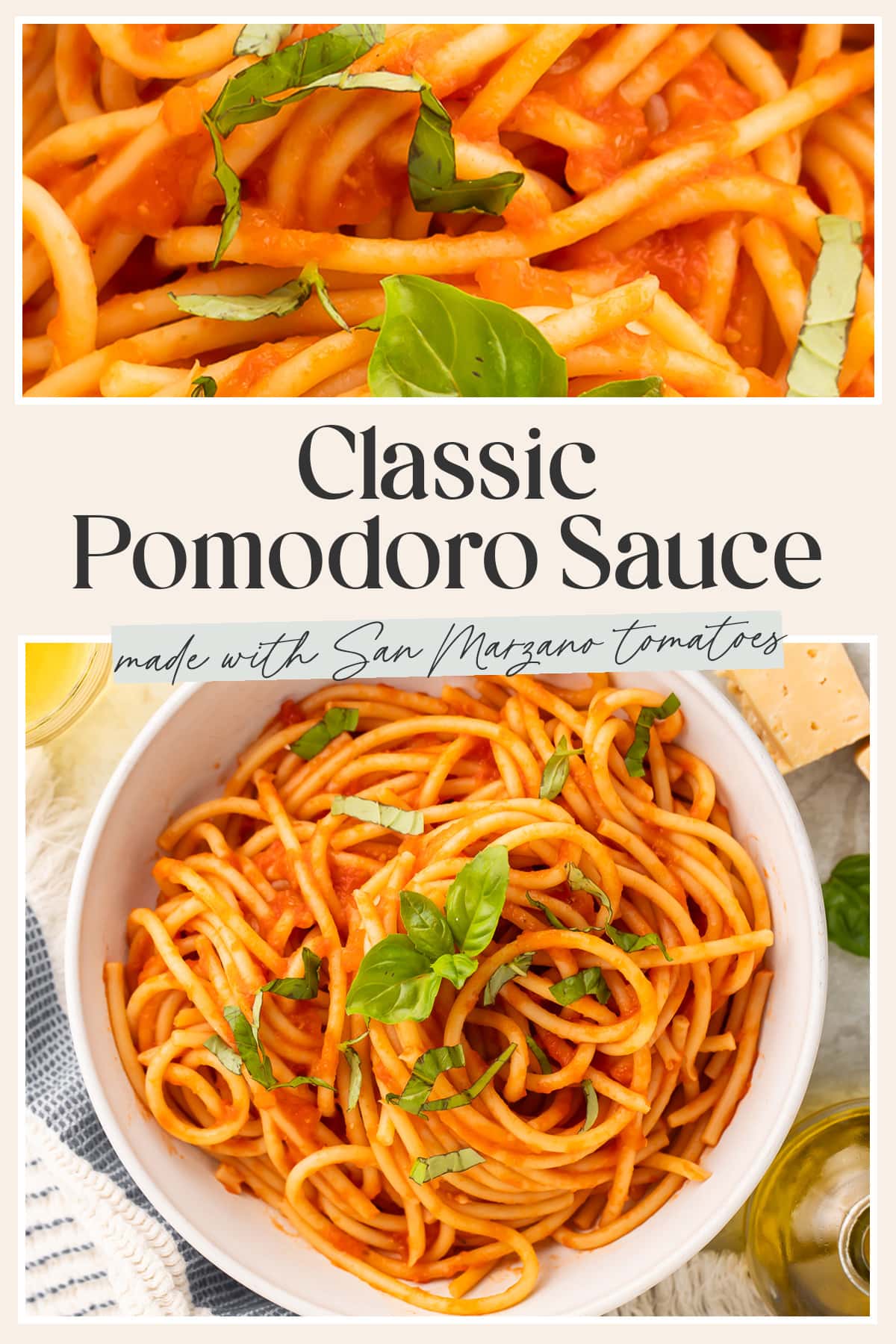 Pin graphic for pomodoro sauce.