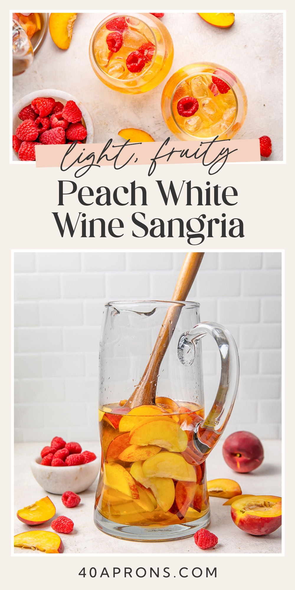 Pin graphic for peach white wine sangria.