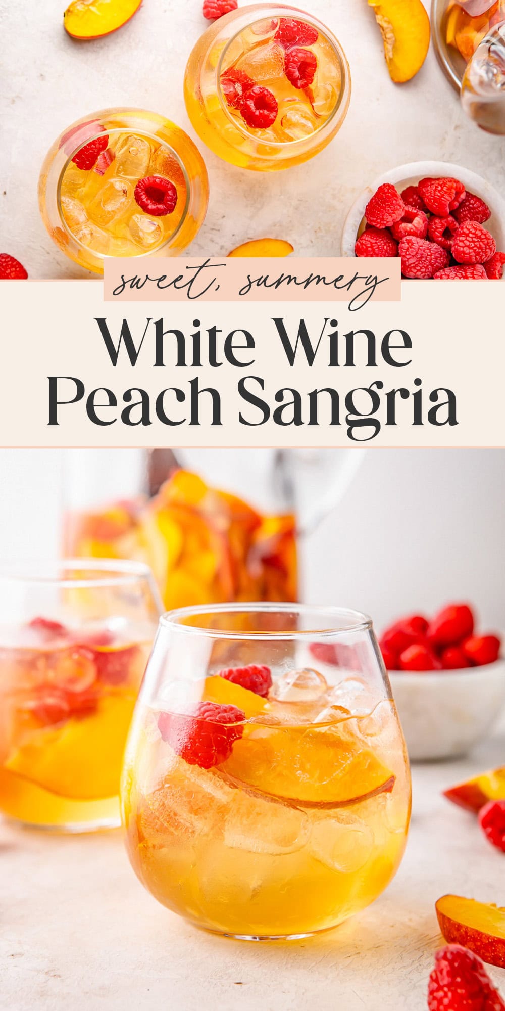 Pin graphic for peach white wine sangria.