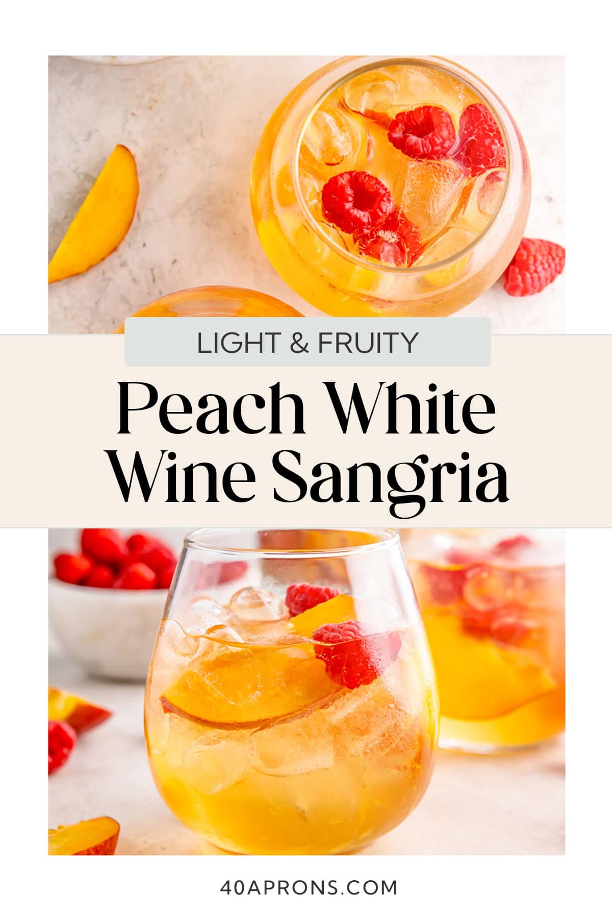 Pin graphic for peach white wine sangria.