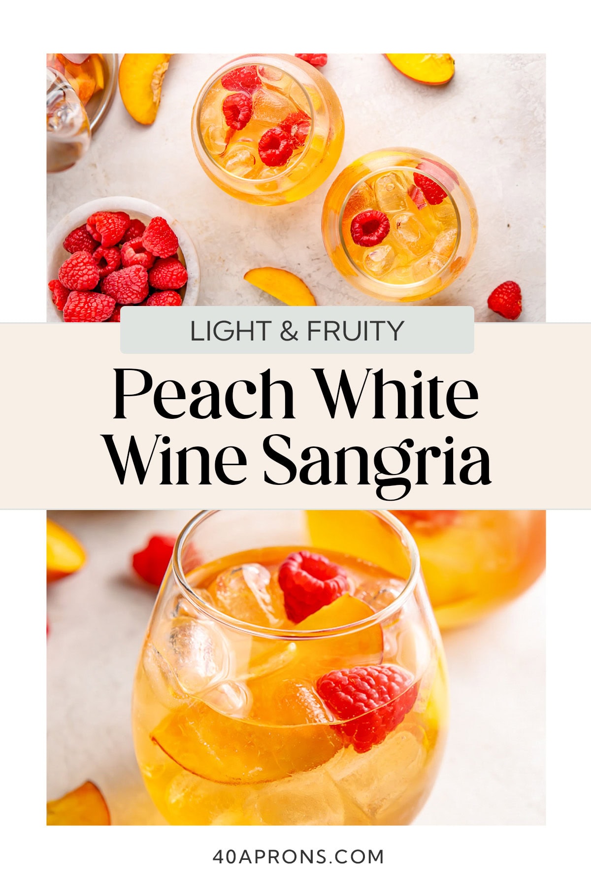 Pin graphic for peach white wine sangria.