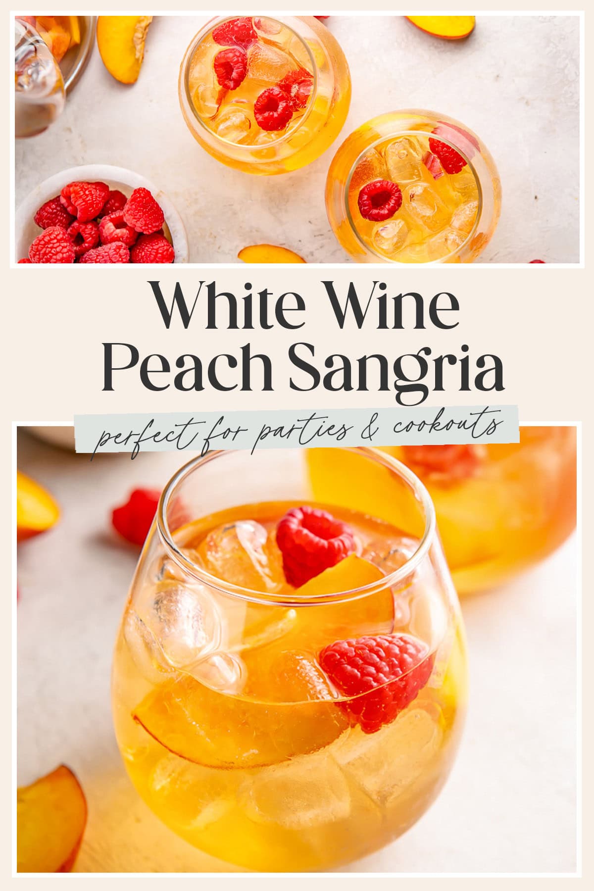 Pin graphic for peach white wine sangria.