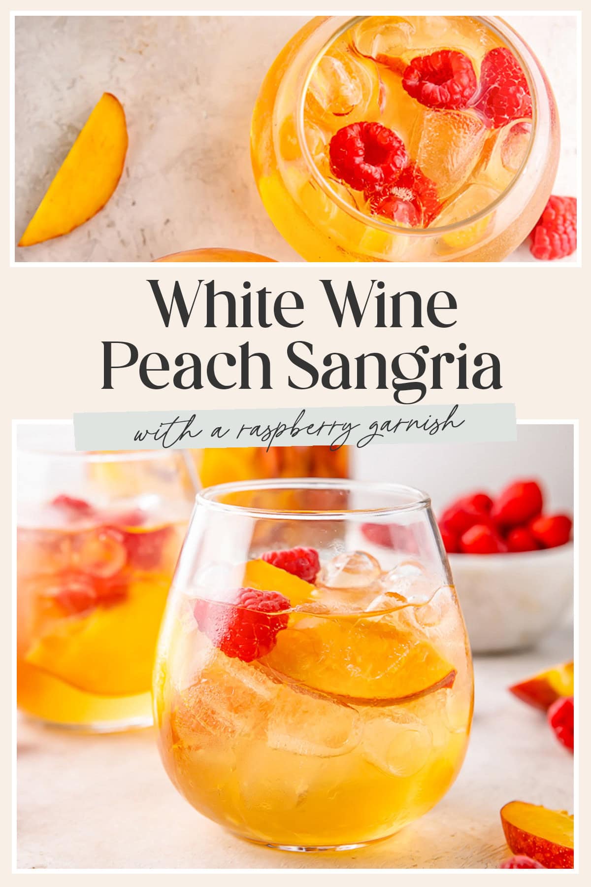 Pin graphic for peach white wine sangria.