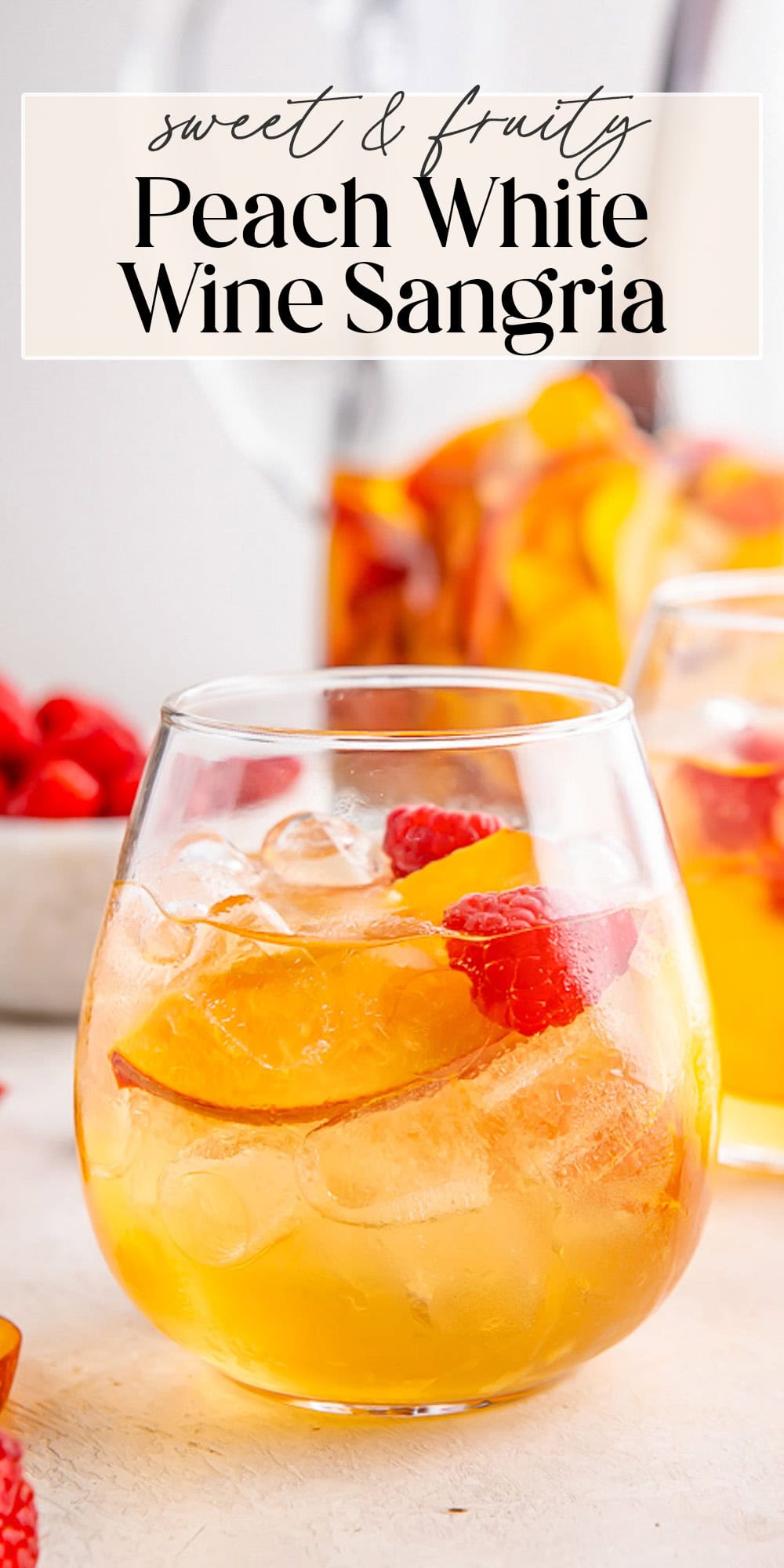 Pin graphic for peach white wine sangria.