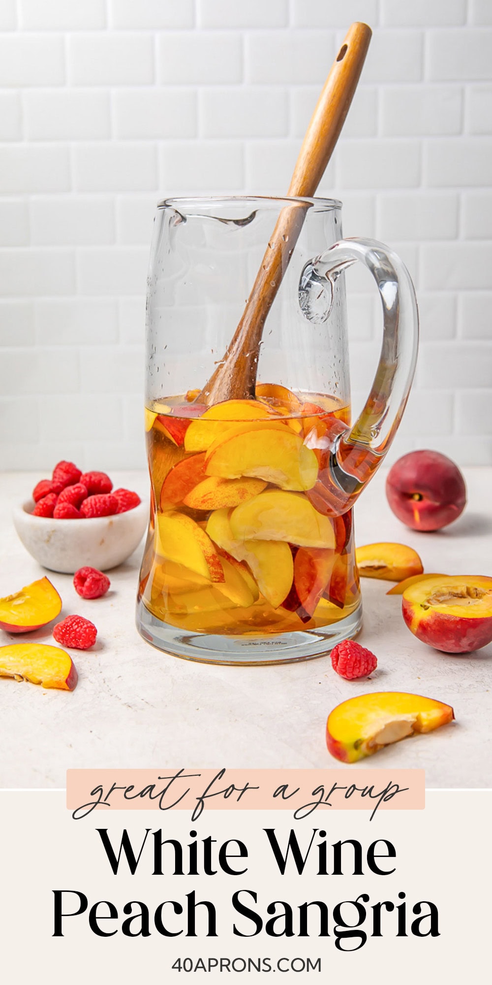 Pin graphic for peach white wine sangria.