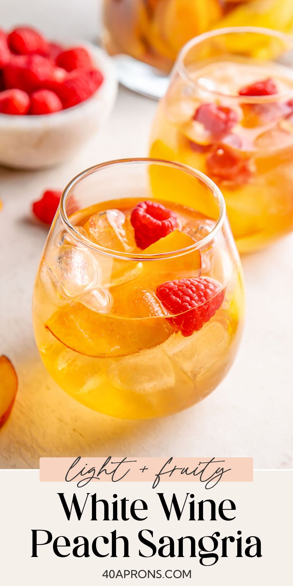 Pin graphic for peach white wine sangria.