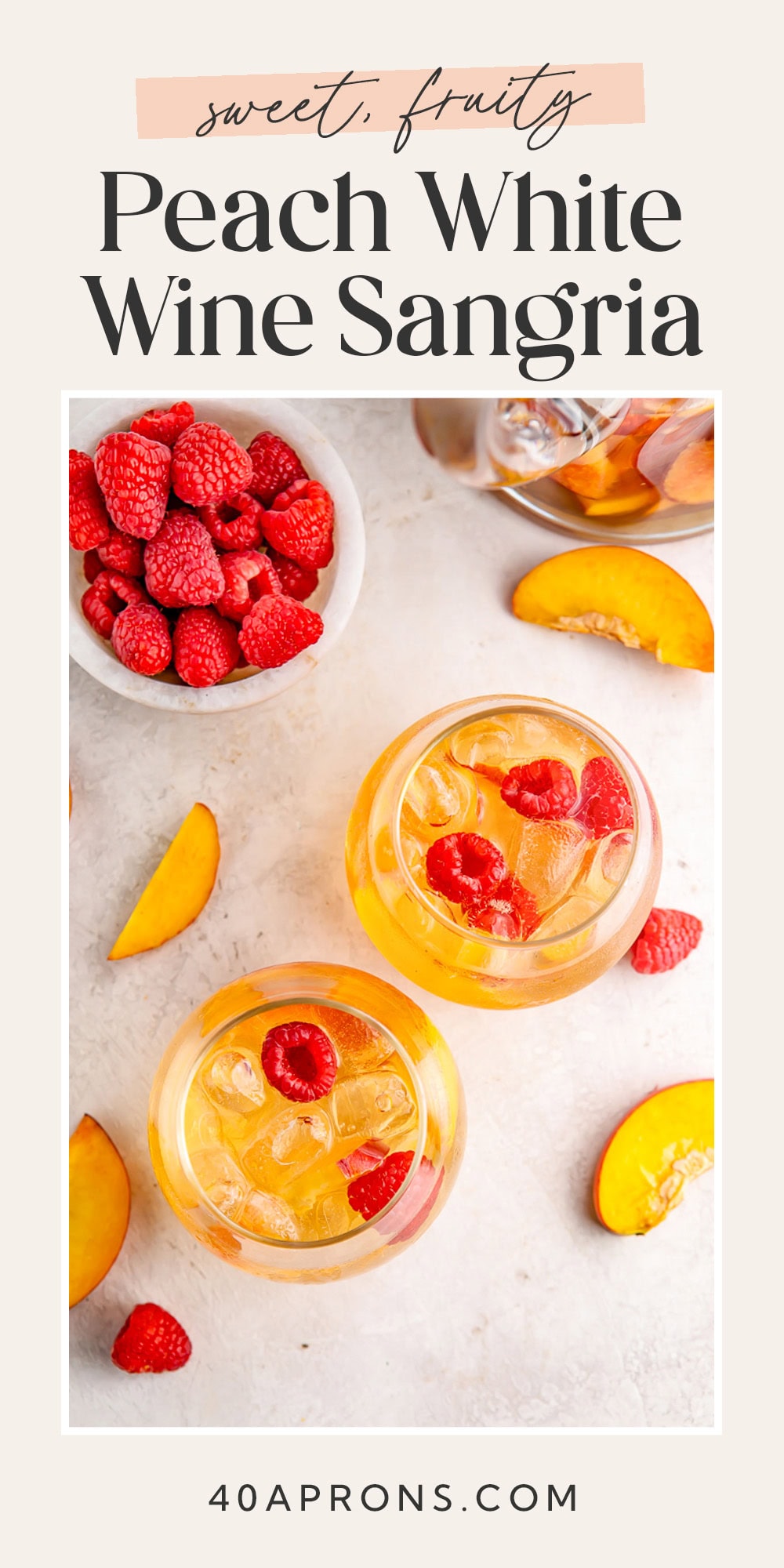 Pin graphic for peach white wine sangria.