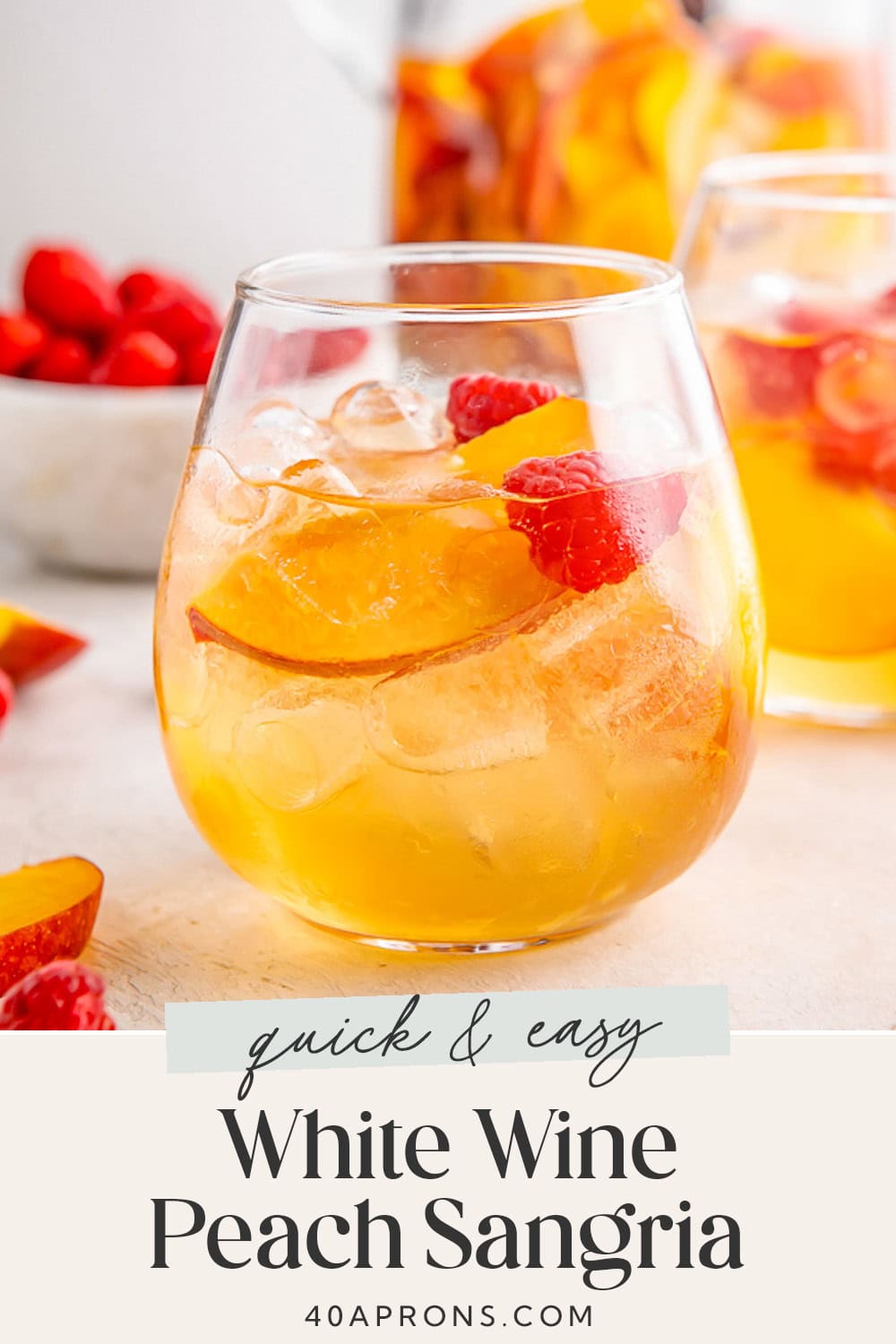 Pin graphic for peach white wine sangria.