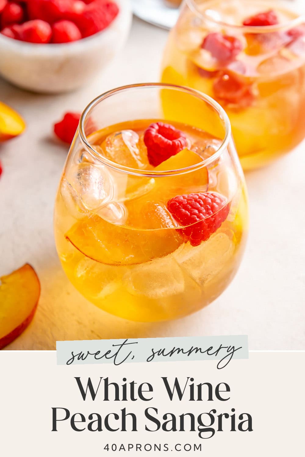 Pin graphic for peach white wine sangria.