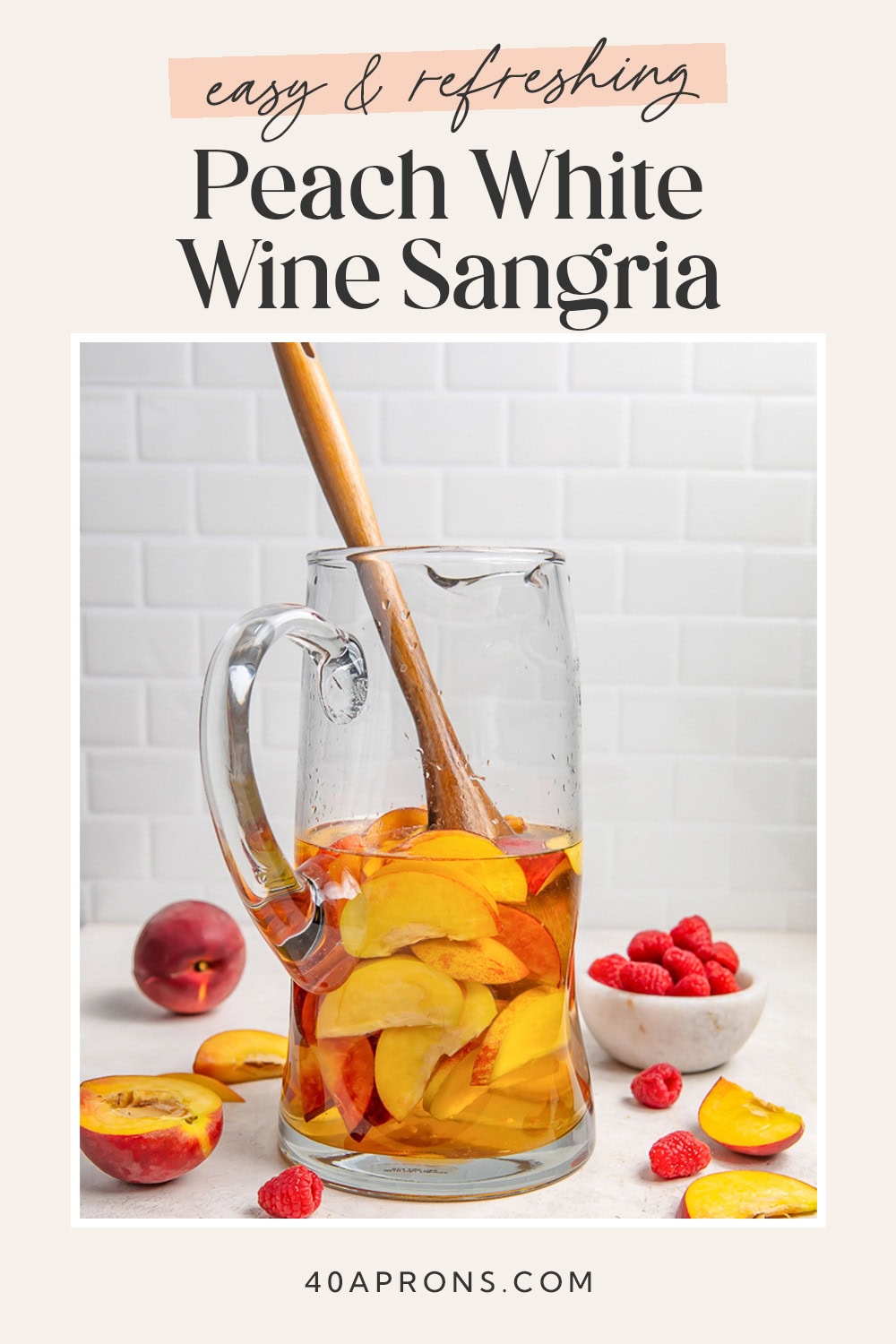 Pin graphic for peach white wine sangria.