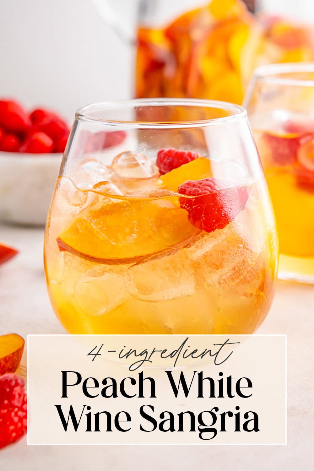 Pin graphic for peach white wine sangria.