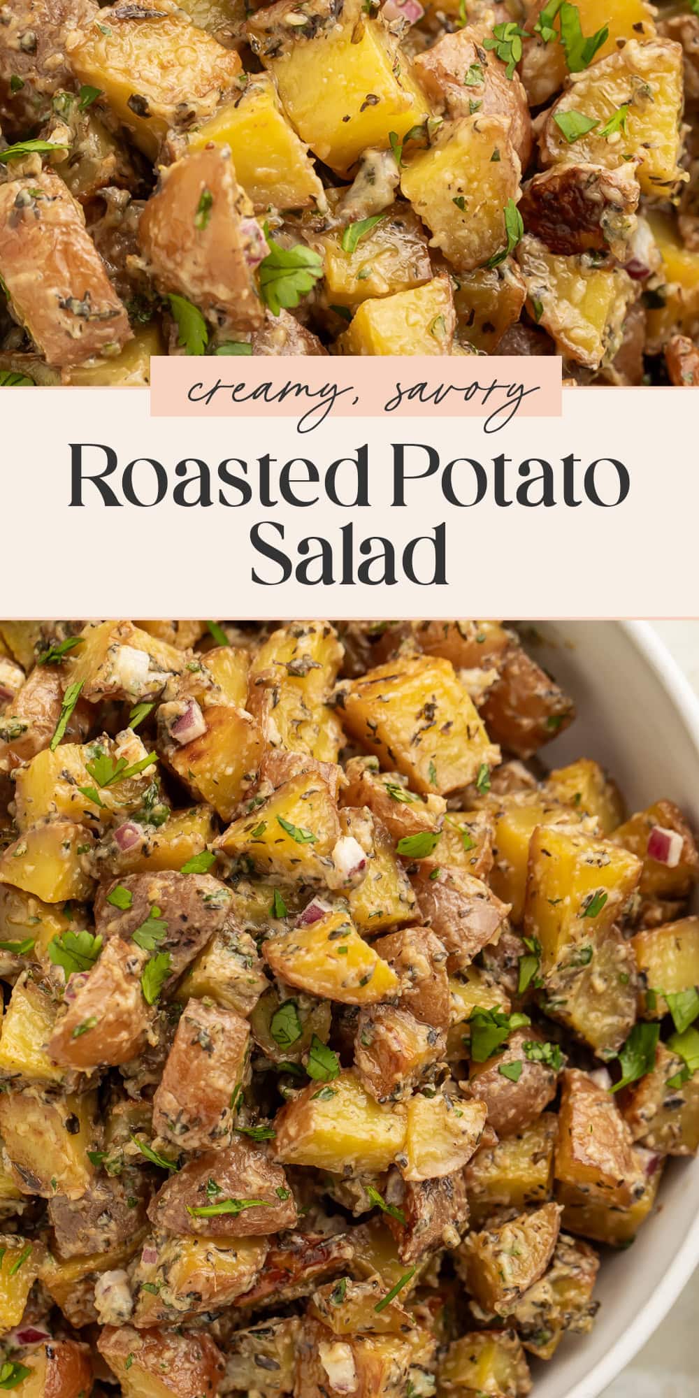 Pin graphic for roasted potato salad.