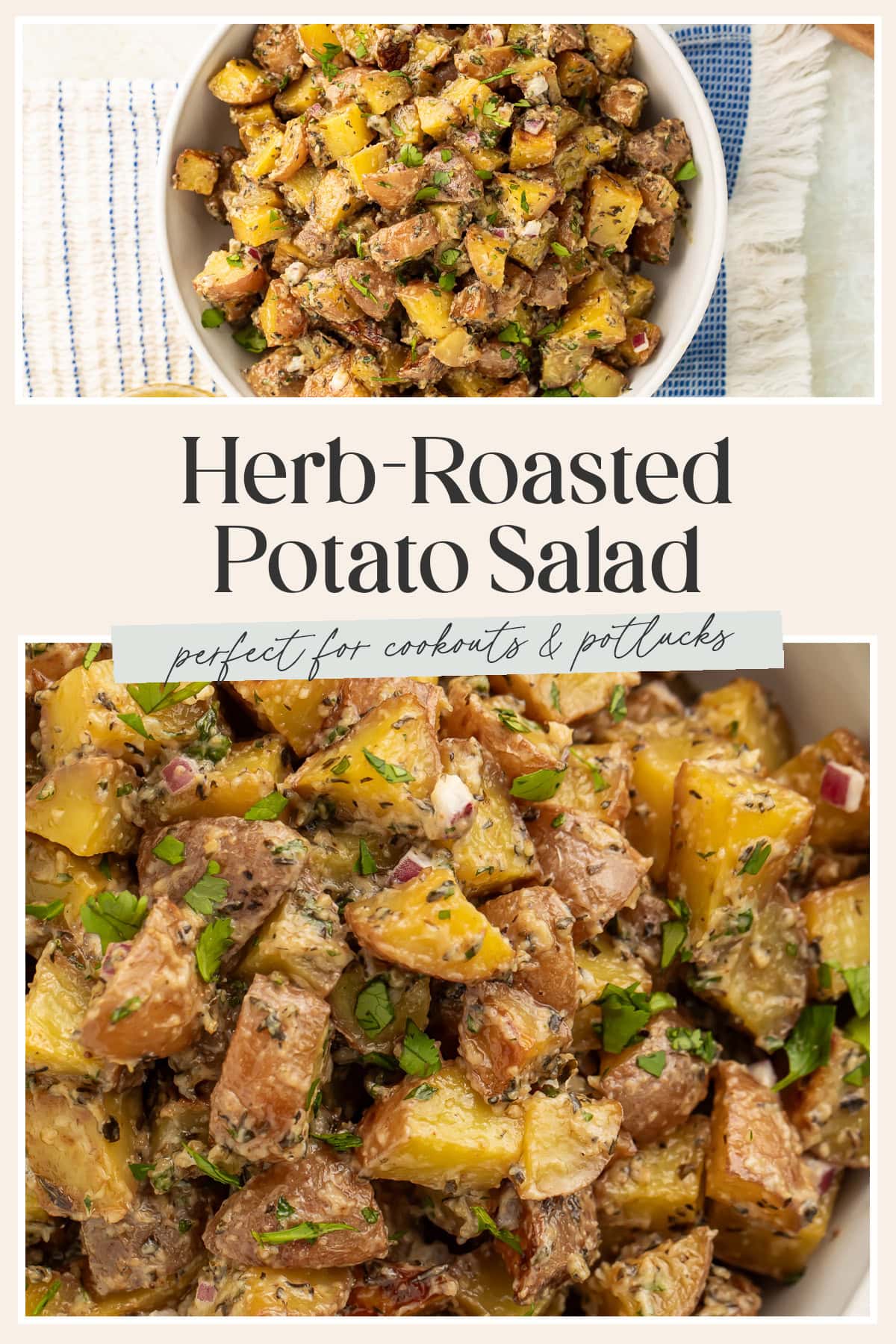 Pin graphic for roasted potato salad.