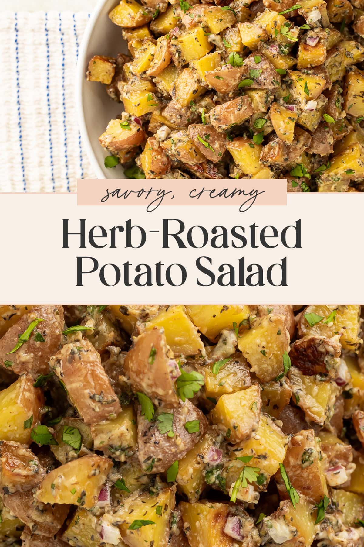 Pin graphic for roasted potato salad.