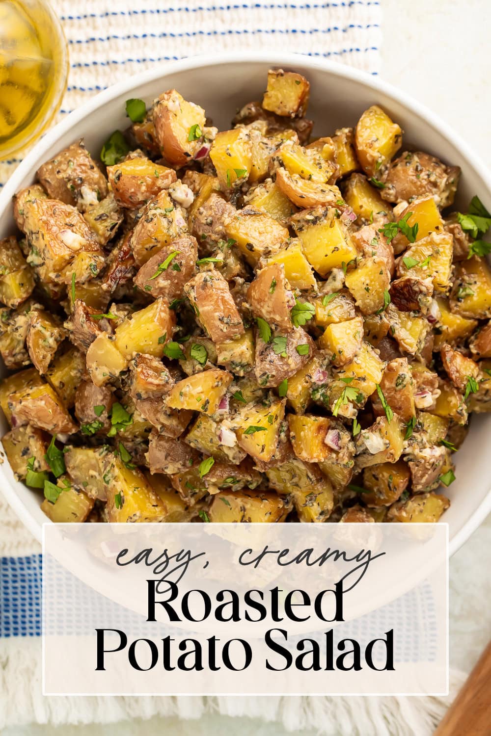 Pin graphic for roasted potato salad.