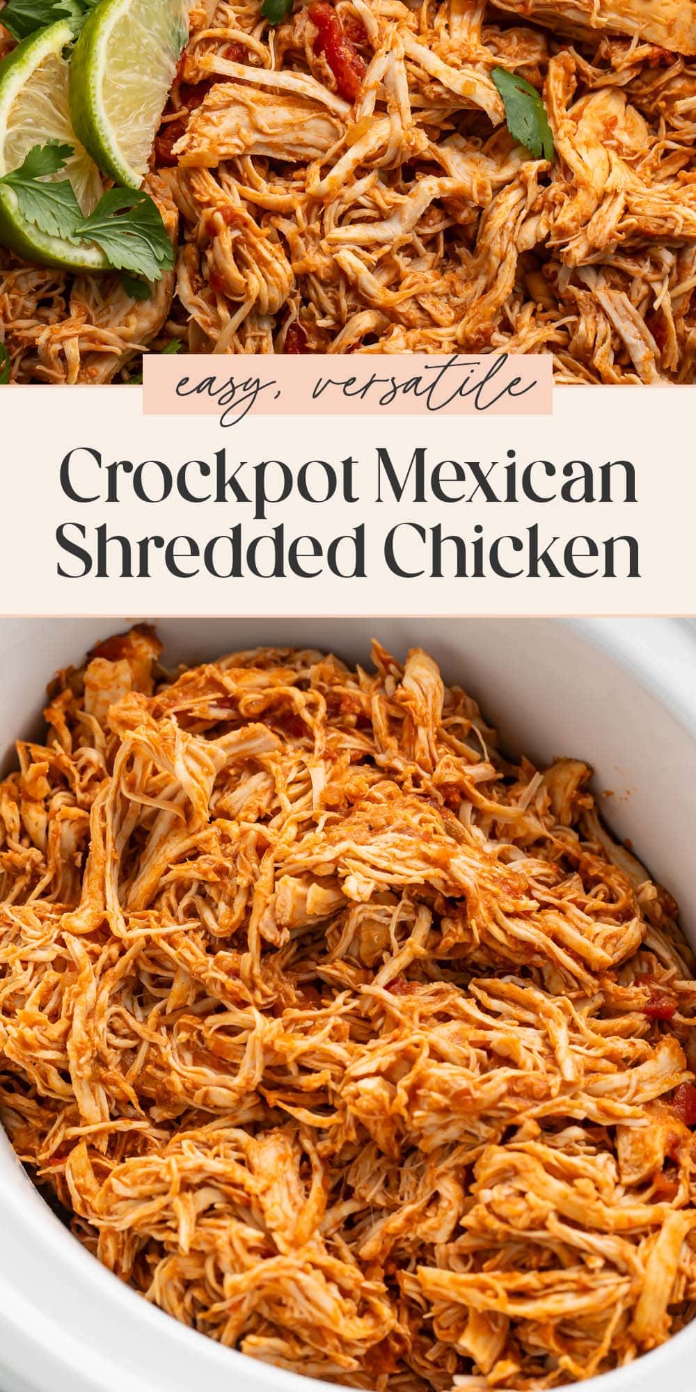 Pin graphic for slow cooker Mexican shredded chicken.