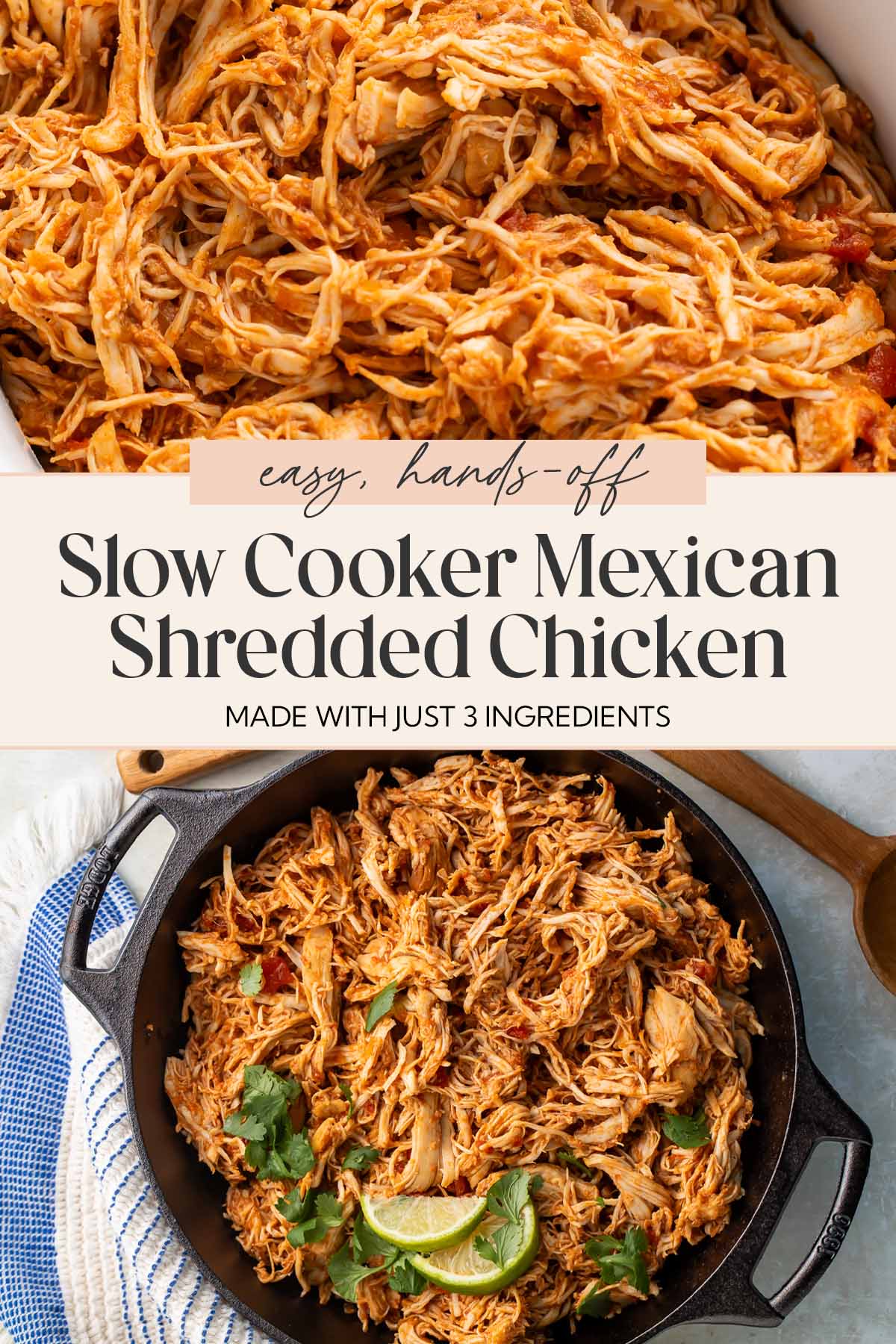 Pin graphic for slow cooker Mexican shredded chicken.