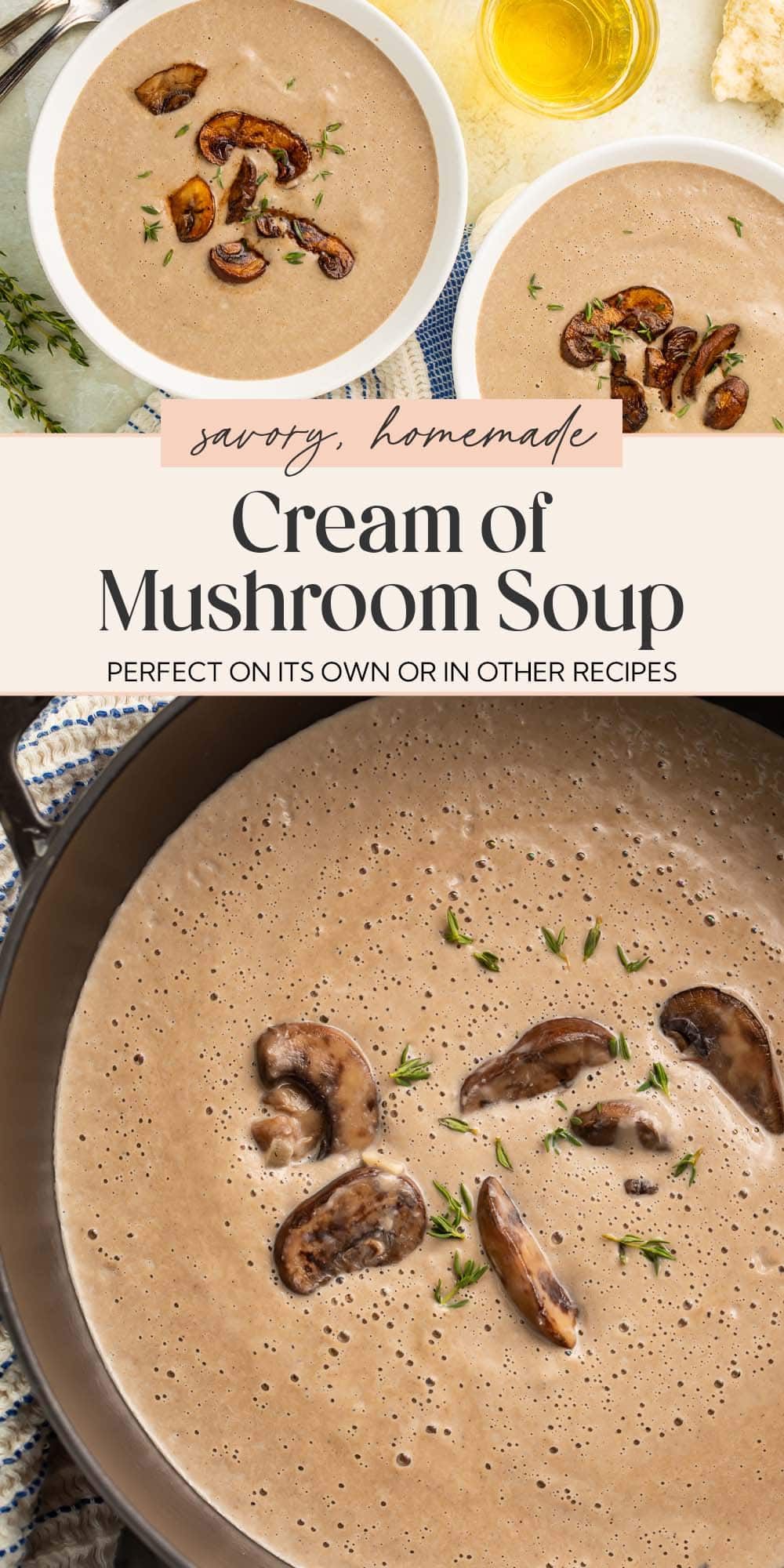 Pin graphic for cream of mushroom soup.