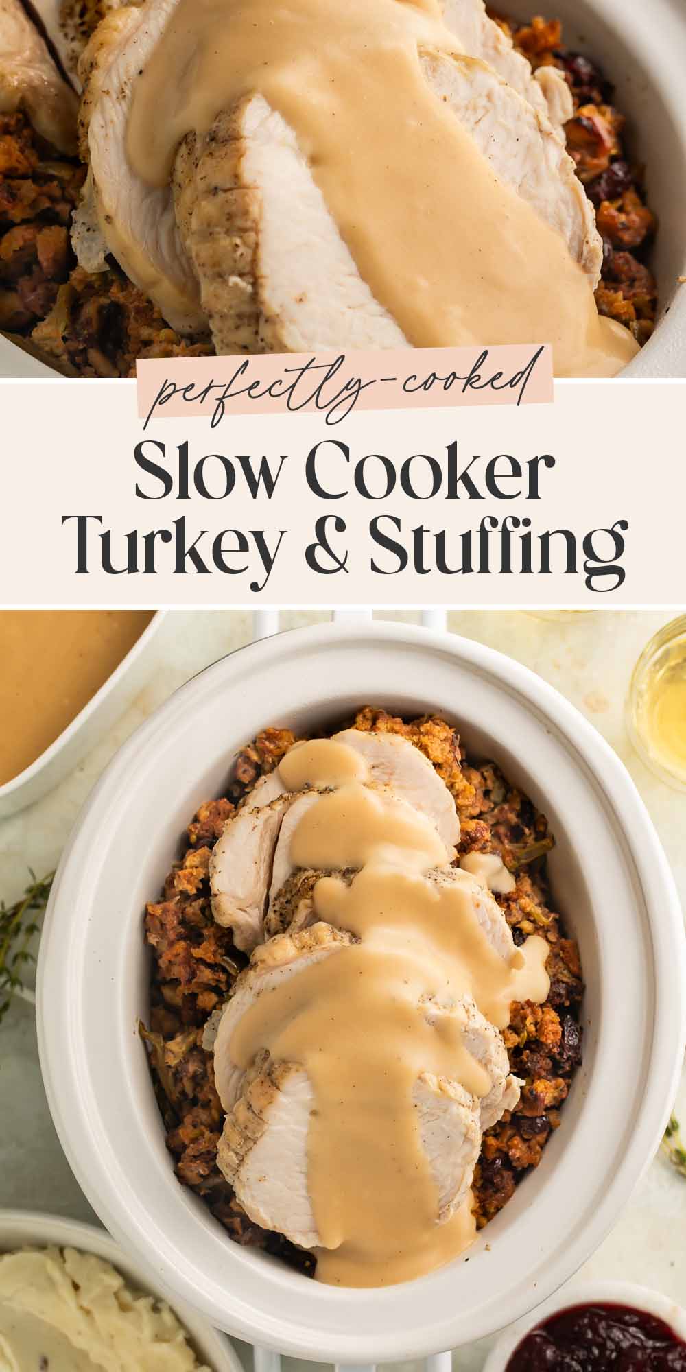 Pin graphic for Crockpot turkey and stuffing.