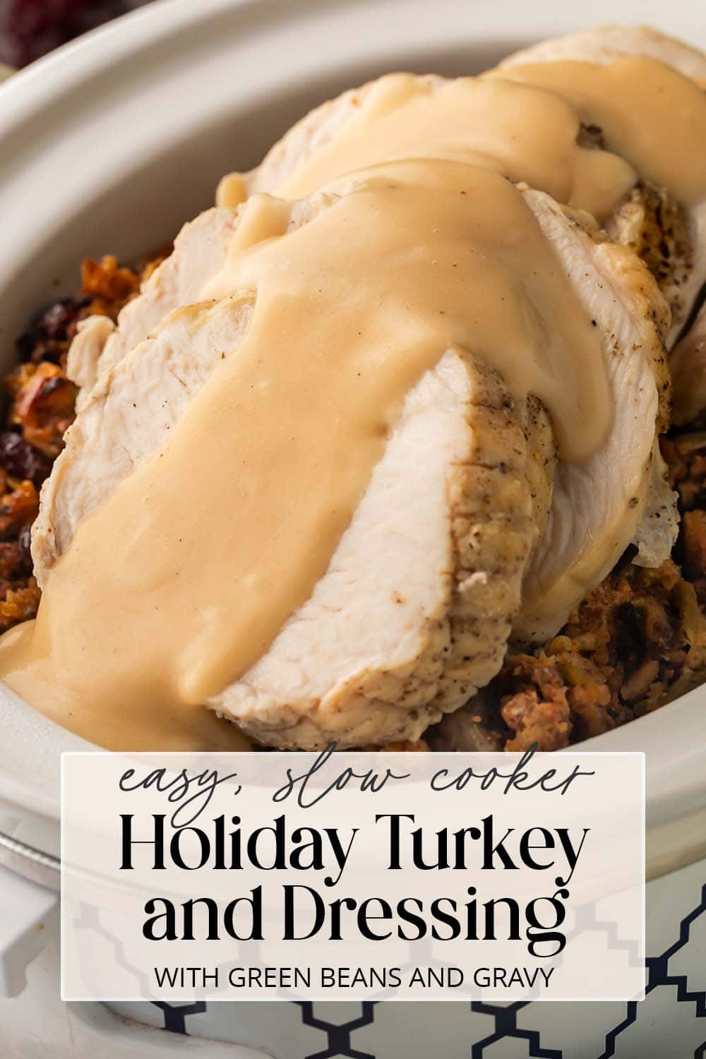 Pin graphic for Crockpot turkey and stuffing.