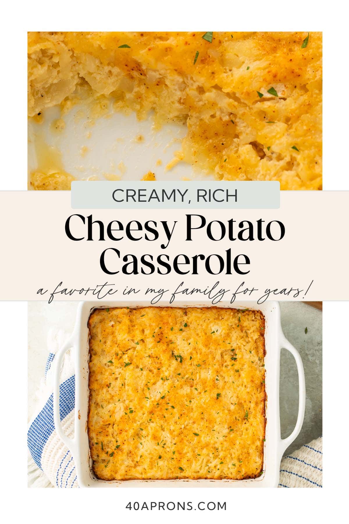 Pin graphic for cheesy potato casserole.