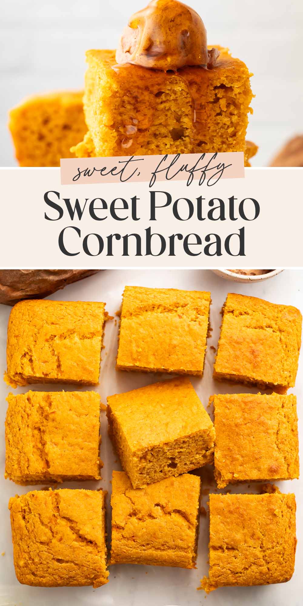 Pin graphic for sweet potato cornbread.