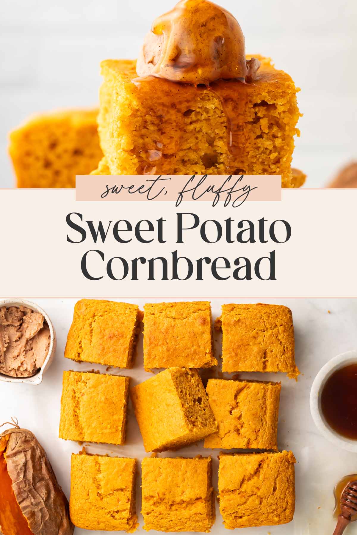 Pin graphic for sweet potato cornbread.