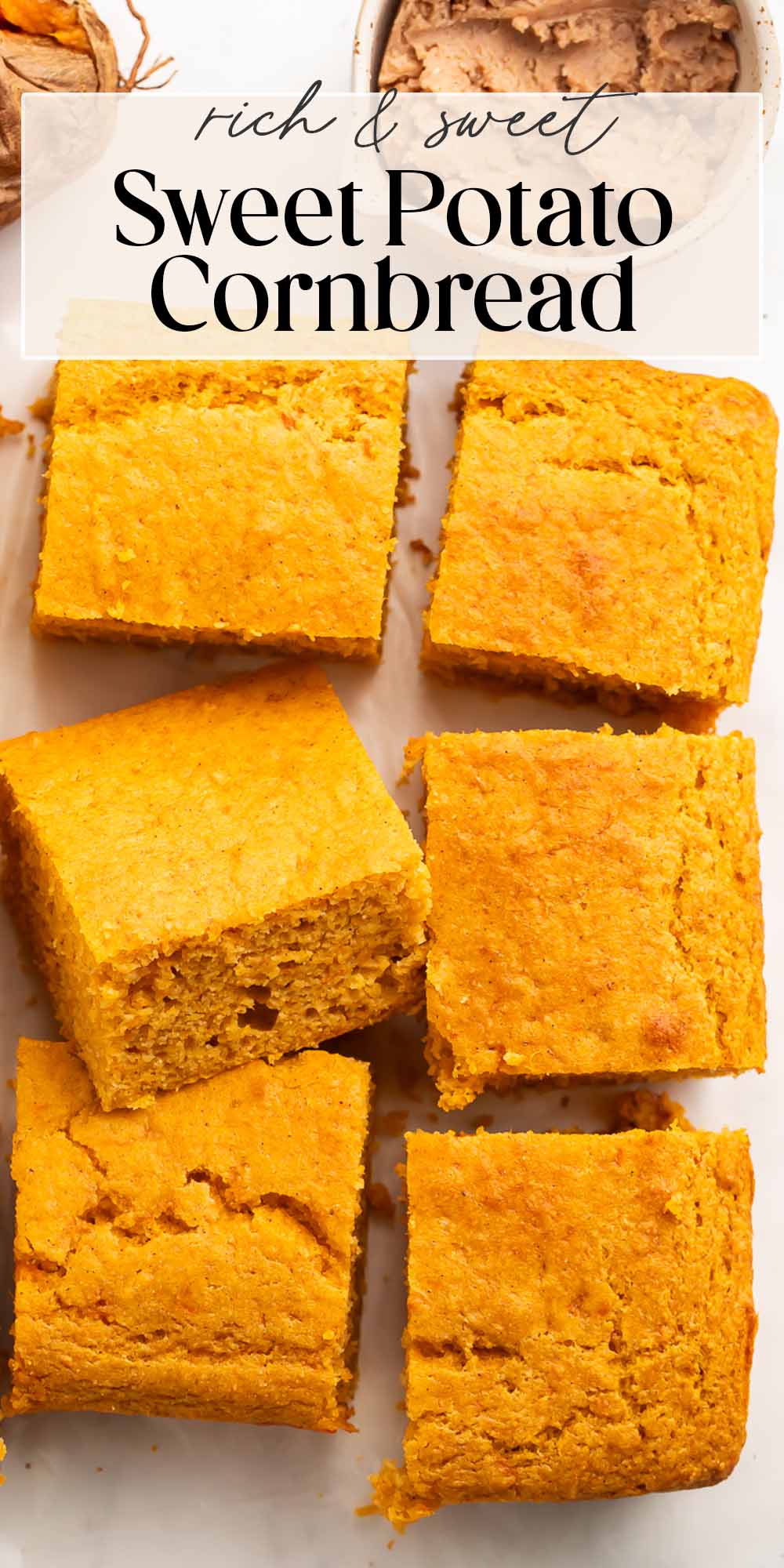 Pin graphic for sweet potato cornbread.