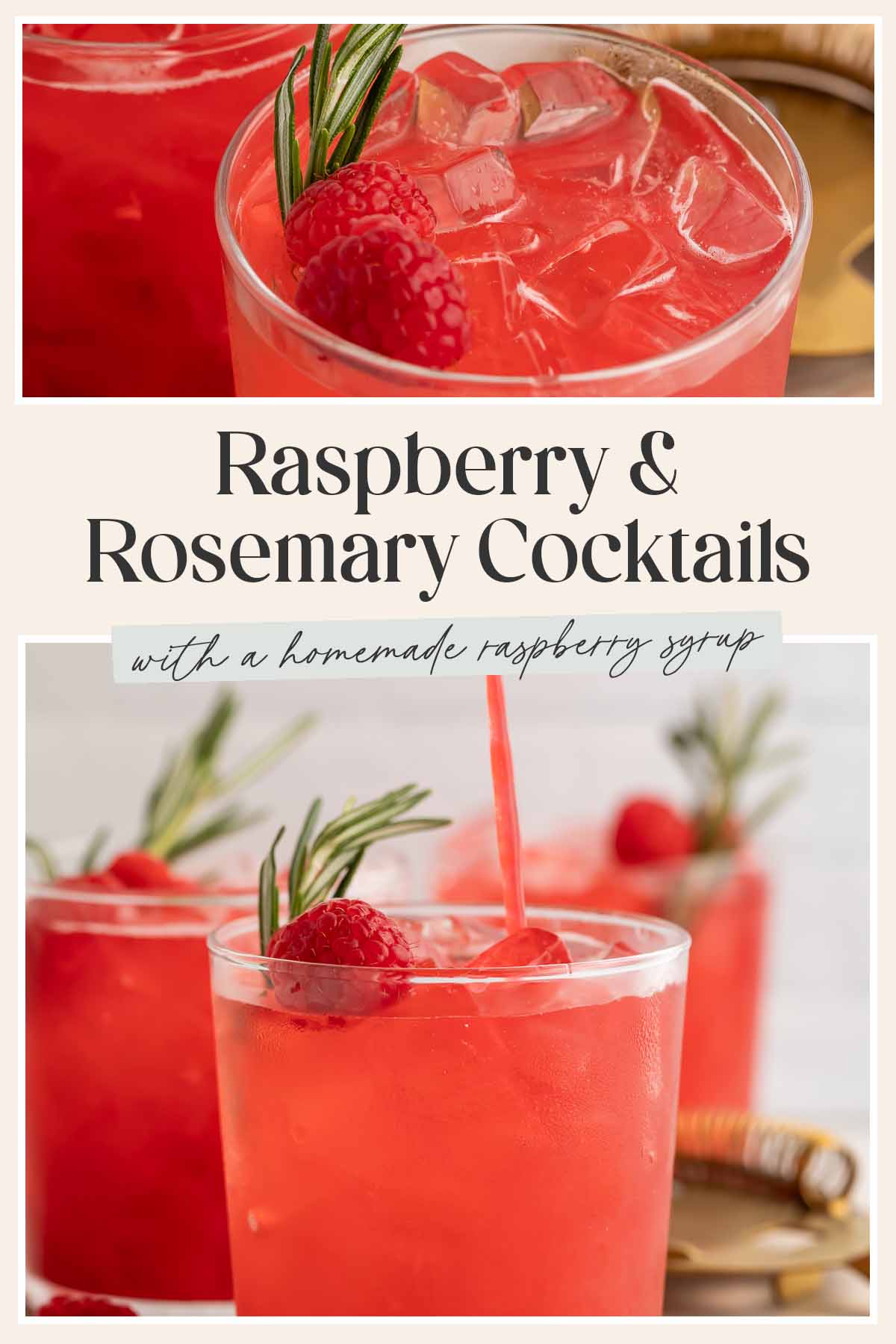 Pin graphic for raspberry cocktails with rosemary.