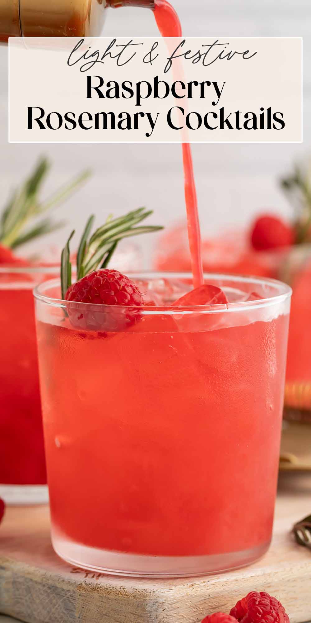 Pin graphic for raspberry cocktails with rosemary.