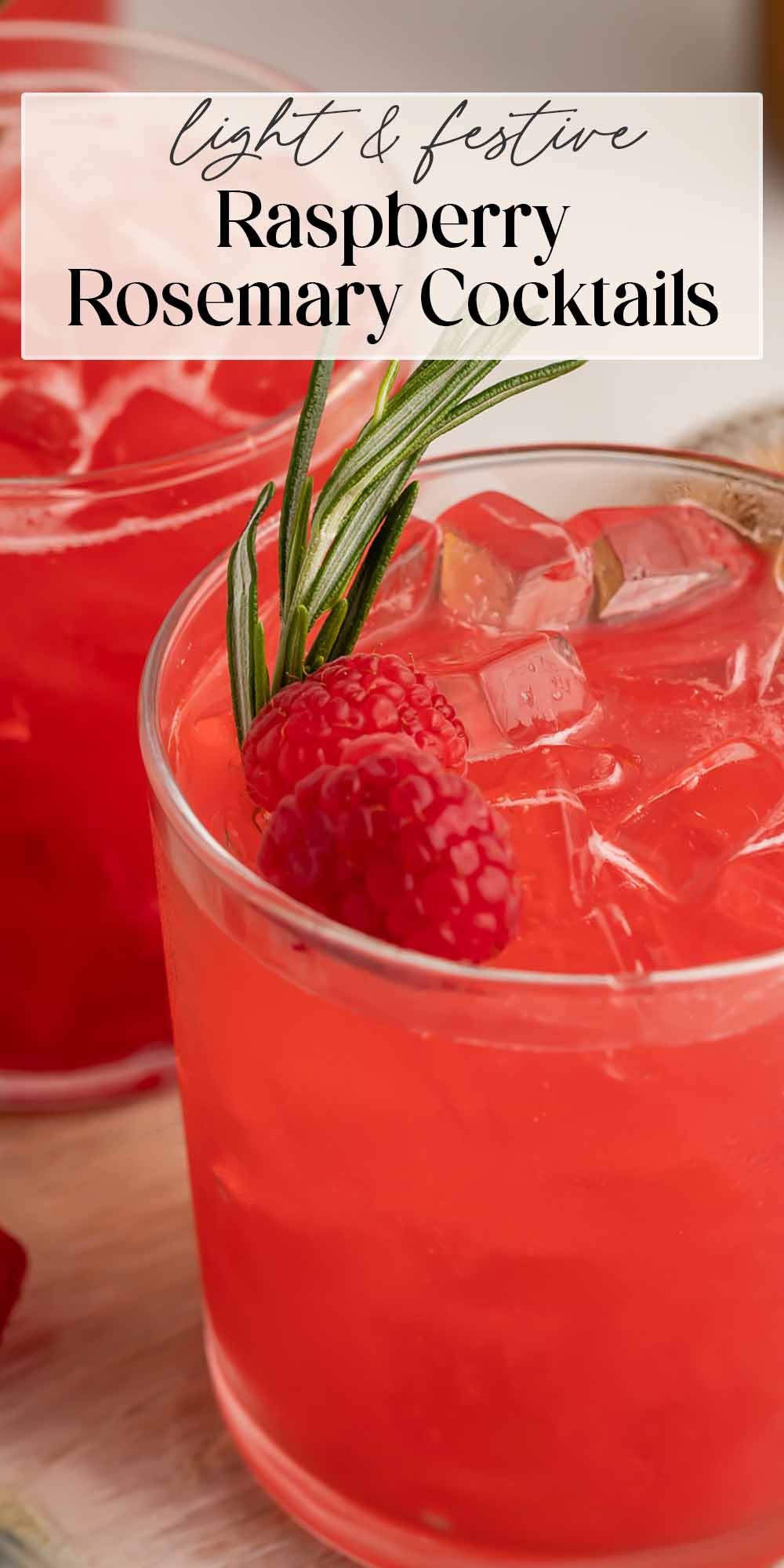 Pin graphic for raspberry cocktails with rosemary.