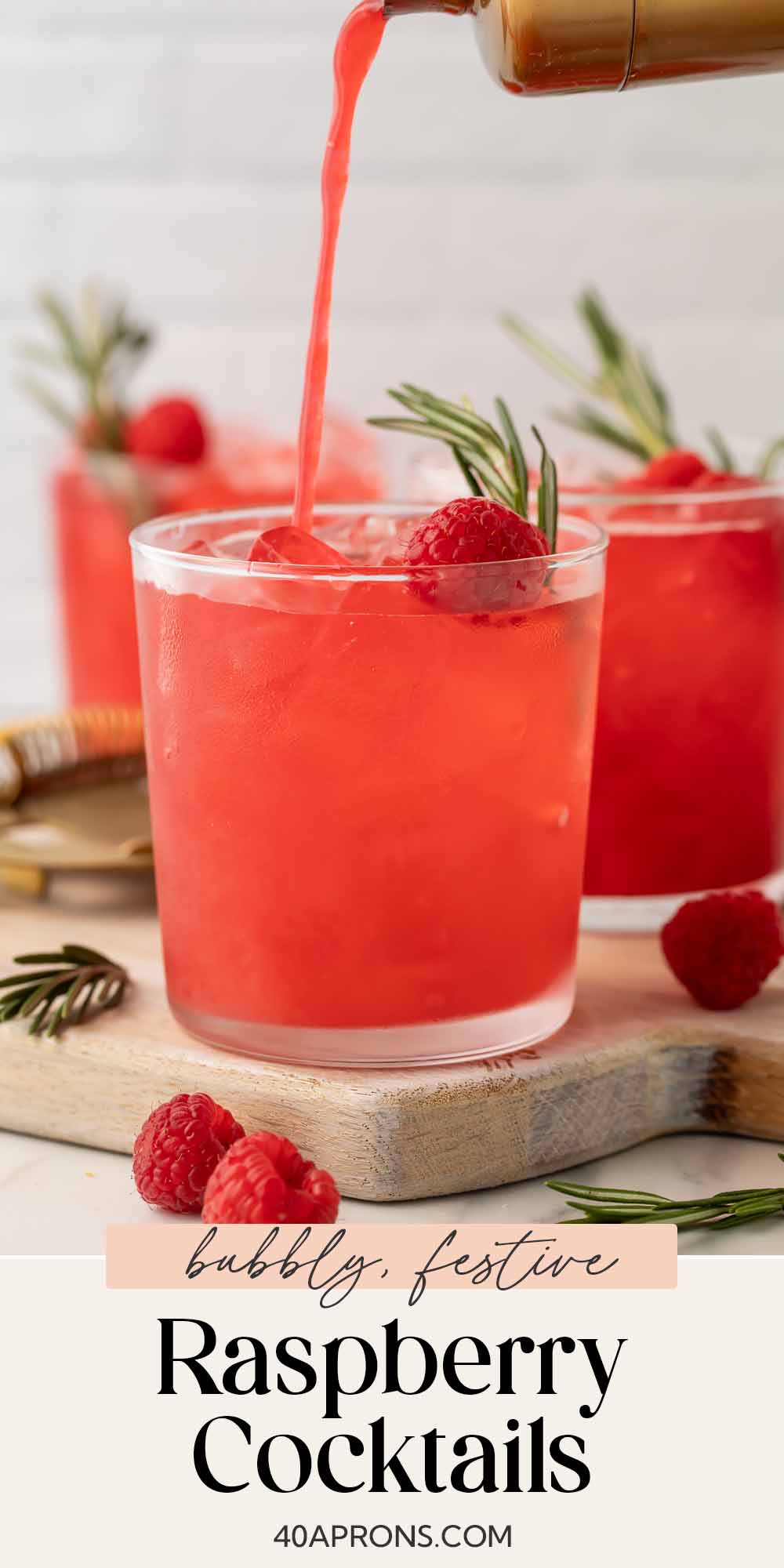 Pin graphic for raspberry cocktails with rosemary.