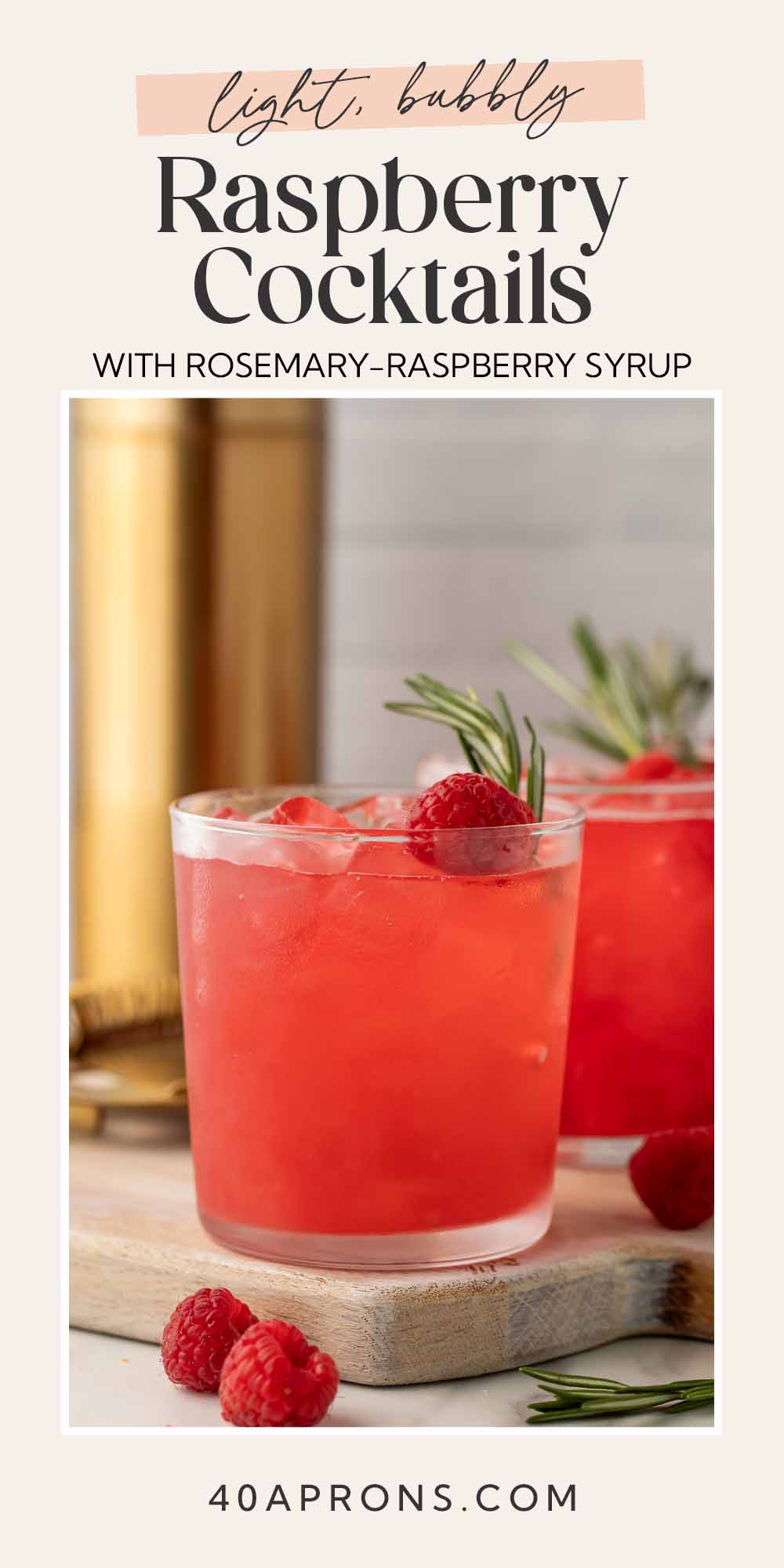 Pin graphic for raspberry cocktails with rosemary.